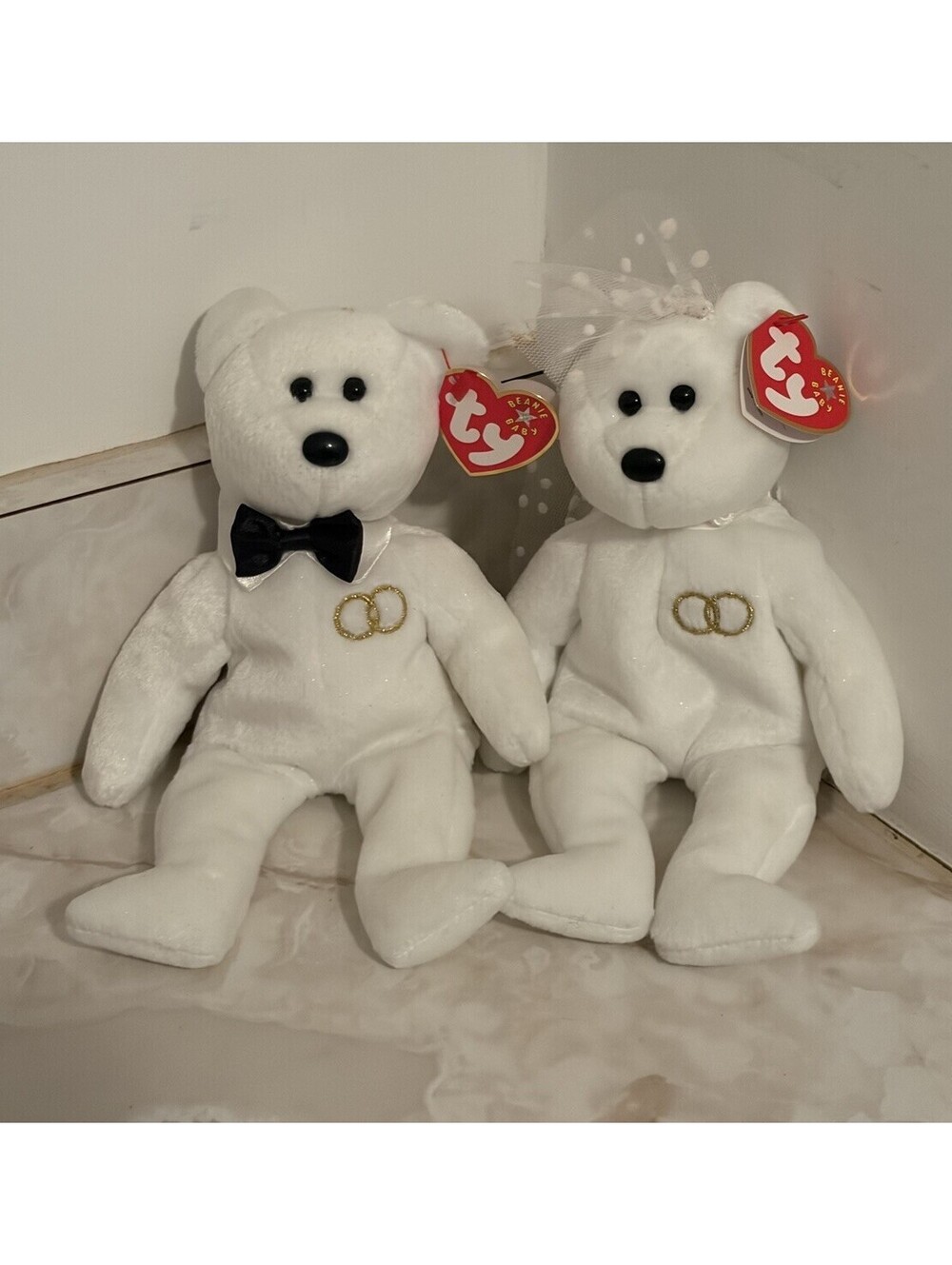 Ty Beanie Babies Mr. & Mrs. Bride and Groom Wedding Bears White 2001 RARE